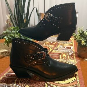 Black Stud-Embellished Ankle Booties with Buckle Detail
